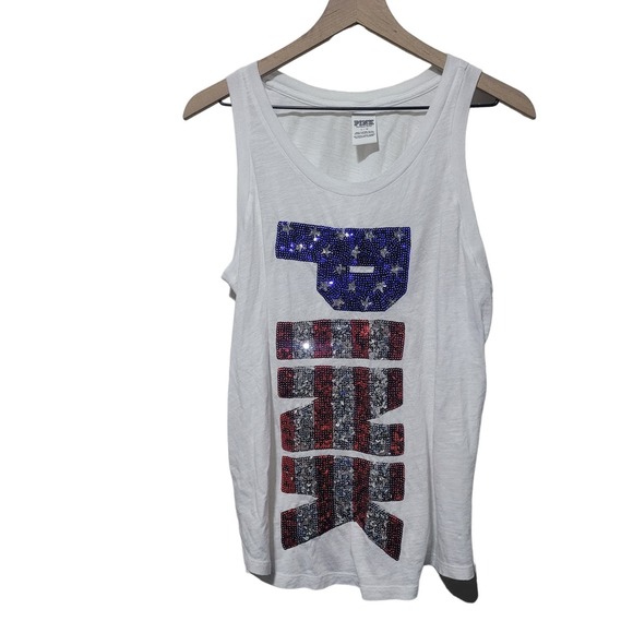 PINK Victoria's Secret Tops - Victoria's Secret Pink Red White Blue Patriotic Spellout Logo Sequin Tank Top